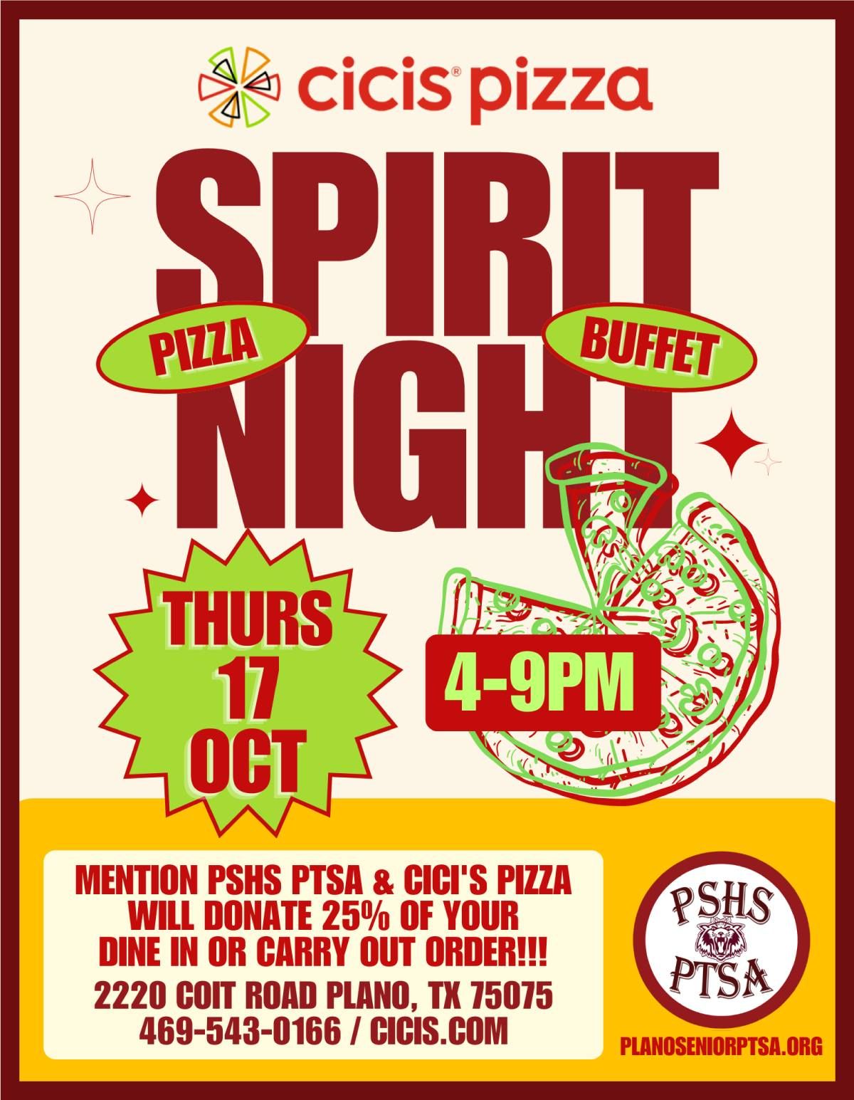 PSHS PTSA Cici's Pizza Spirit Night - Thursday, October 17, 4:00-9:00 p.m.