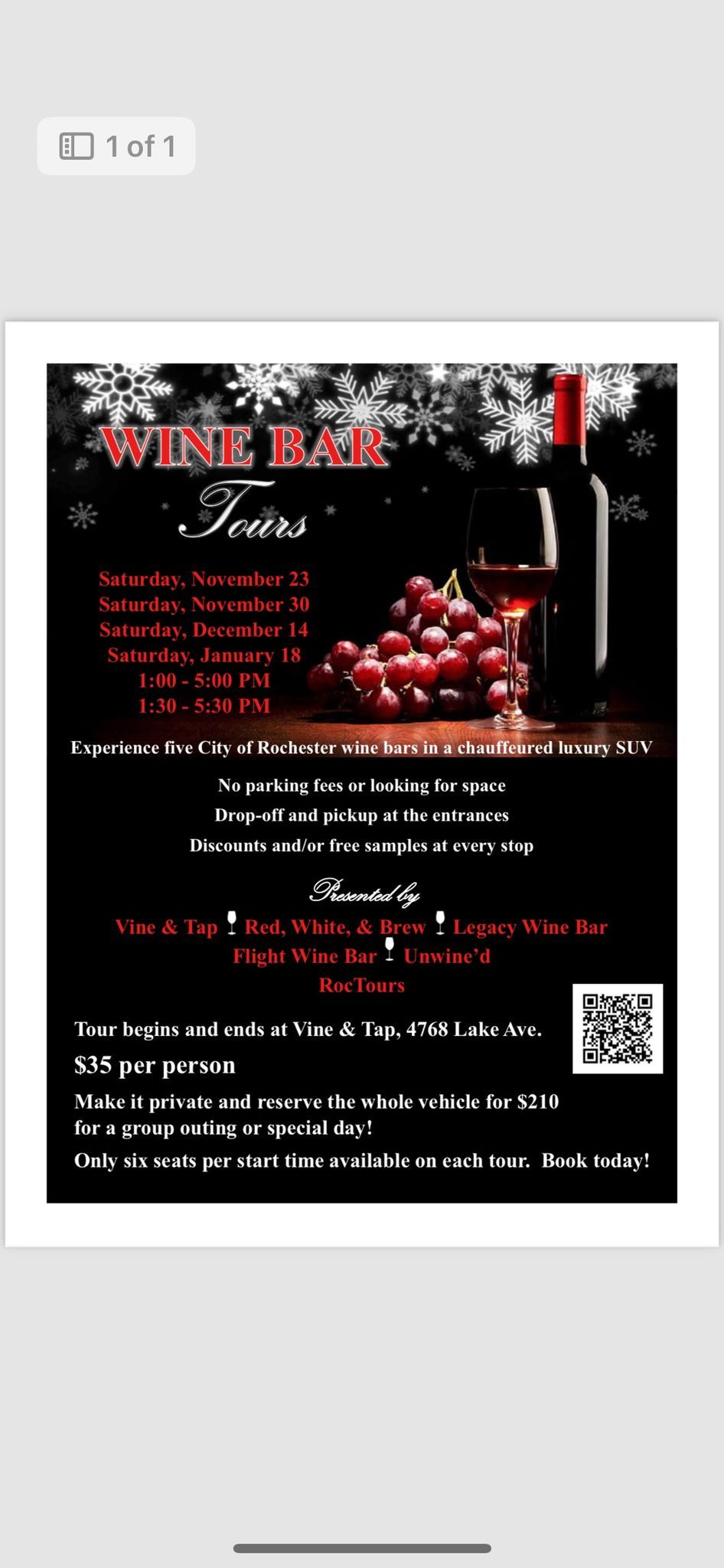 CITY OF ROCHESTER WINE BAR TOUR