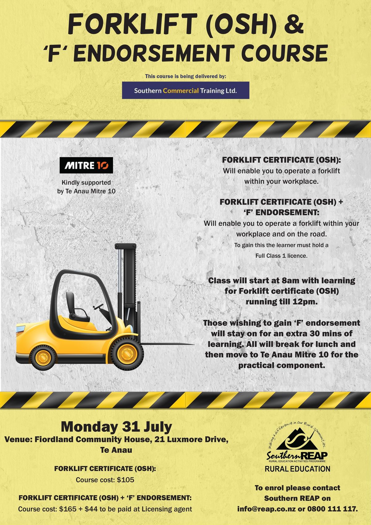 Forklift (OSH) & \u2018F\u2018\u2019 Endorsement Course - Fiordland