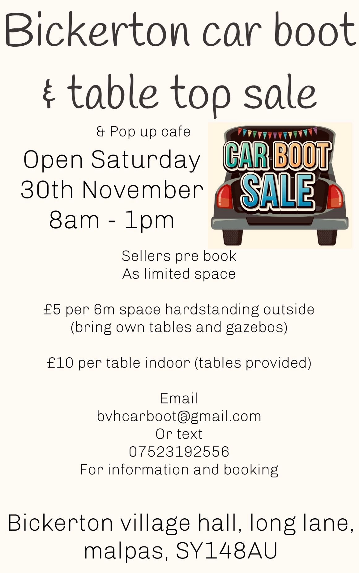 Bickerton village hall carboot and table top sale 