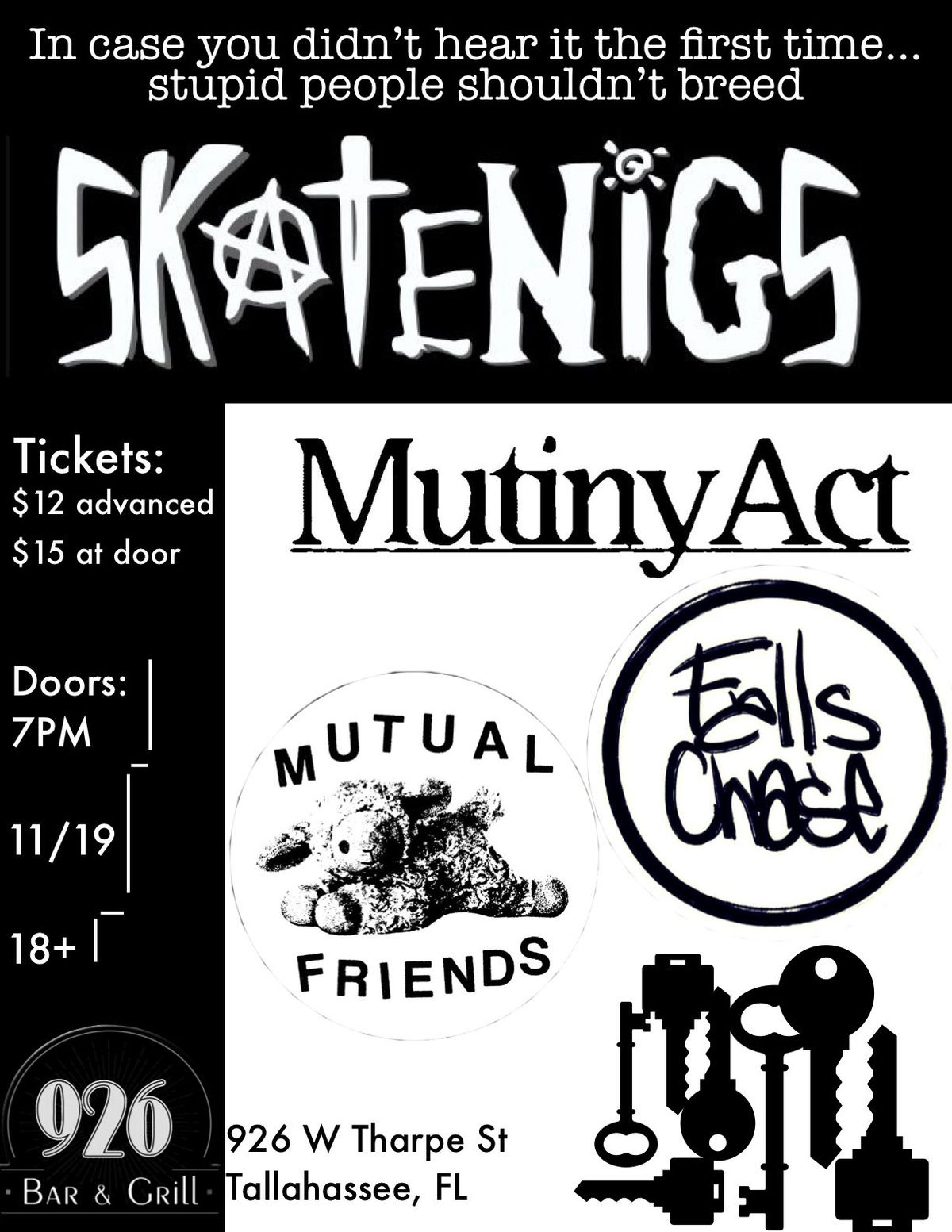 Skatenigs w\/ Mutiny Act, Mutual Friends, Falls Chase at 926 Bar - Tues Nov 19