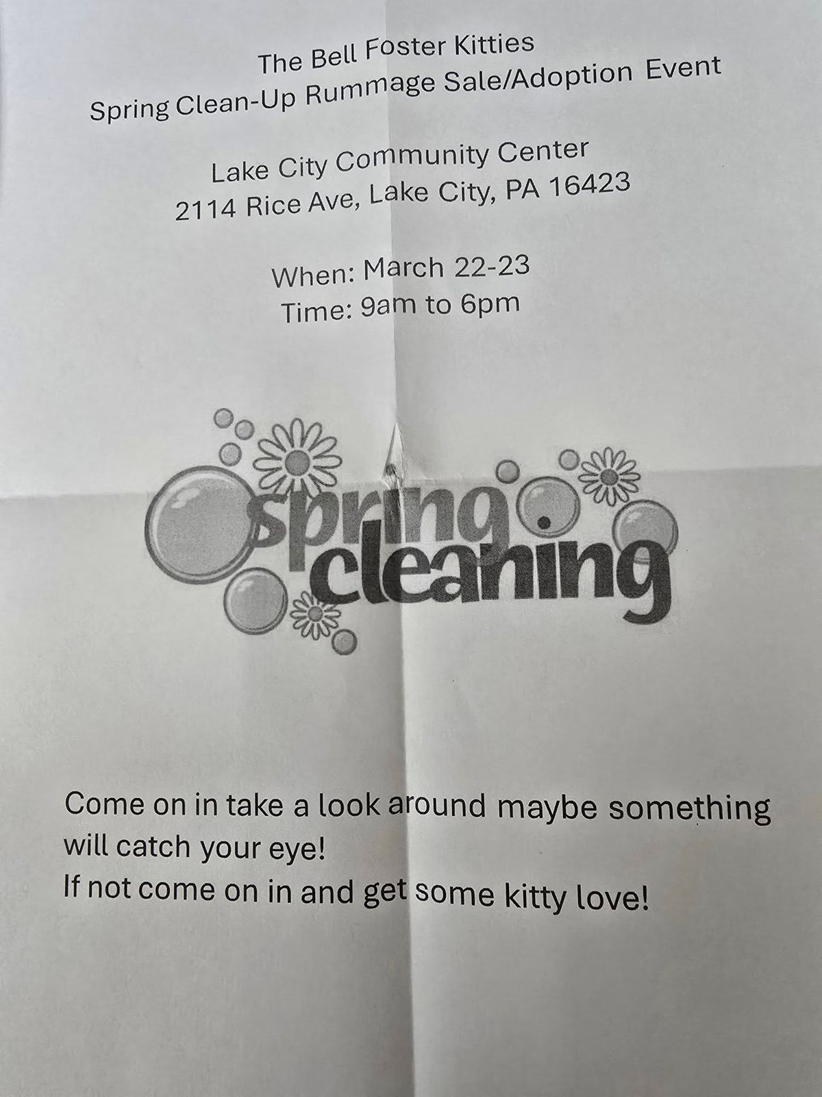 Spring Rummage Sale Bell Foster Kitties Lake City Community center March 22 & 23 9a-6pm