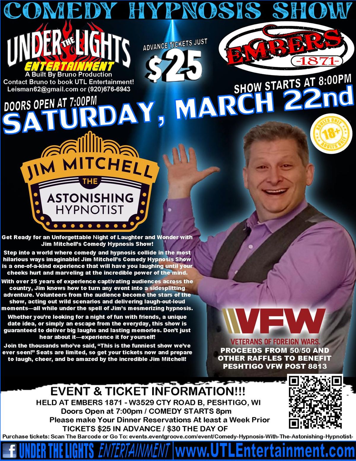 UTL presents: Comedic Hypnotist Jim Mitchell at Embers 1871! Tickets start $25! Raffles for VFW8813 