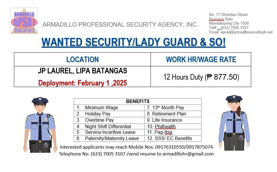 WE'RE HIRING SECURITY\/ LADY GUARD FOR LIPA BATANGAS