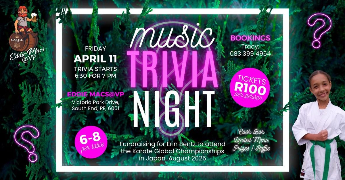 Music Trivia Night \u2013 Fundraiser for Erin Bentz\u2019s Karate Championship in Japan