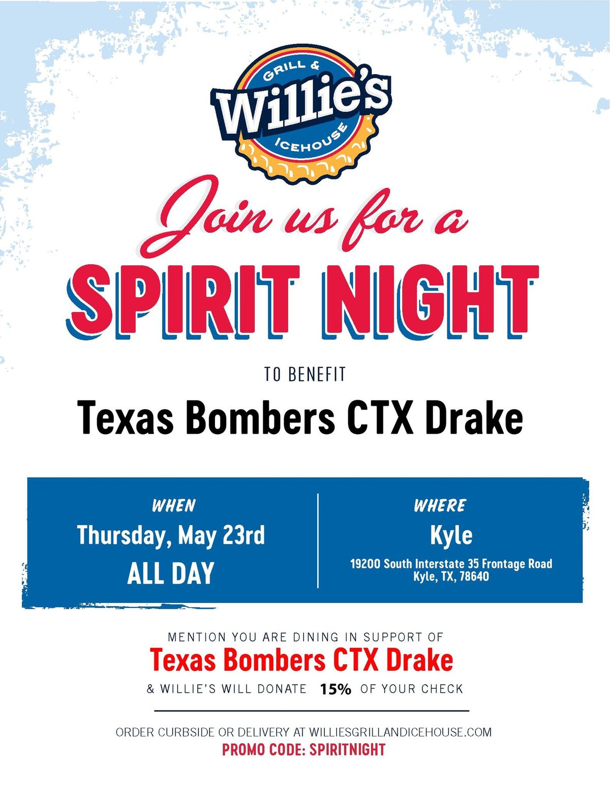 Spirit night at Willie's Grill & Icehouse! 