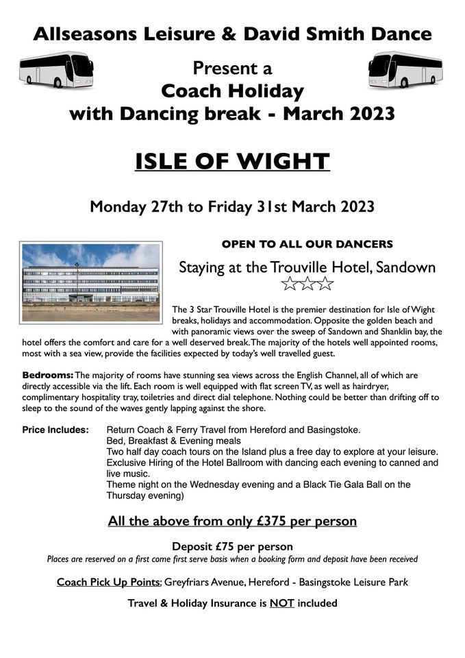 Waiting List - Coach Holiday with Dancing break -  ISLE OF WIGHT - March 2023