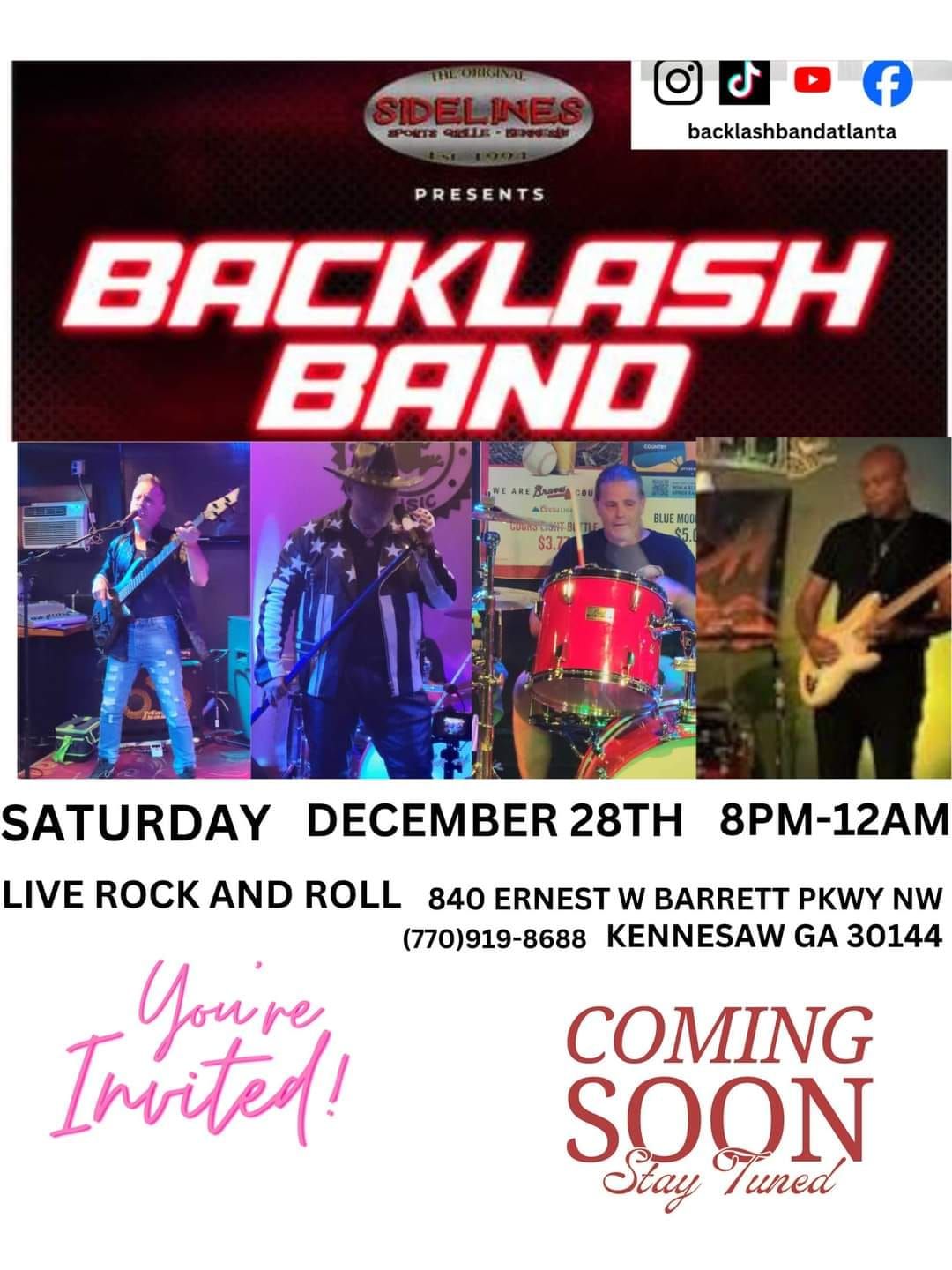 BACKLASH @SIDELINES IN KENNESAW, SATURDAY, DECEMBER,28TH,8PM!!!