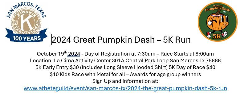 Kiwanis of San Marcos 2024 Great Pumpkin Dash 5K \/ Kids Run