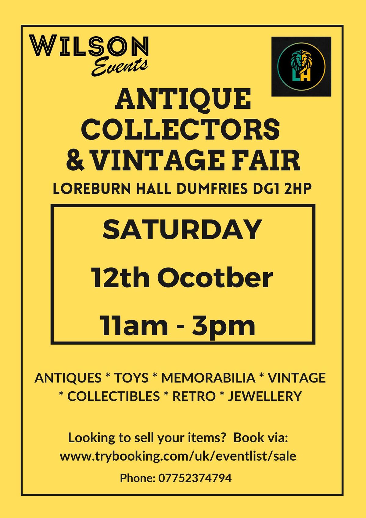 Dumfries Antique, Collectors & Vintage Fair at The Loreburn Hall, Dumfries DG1 2HP 12\/10\/2024