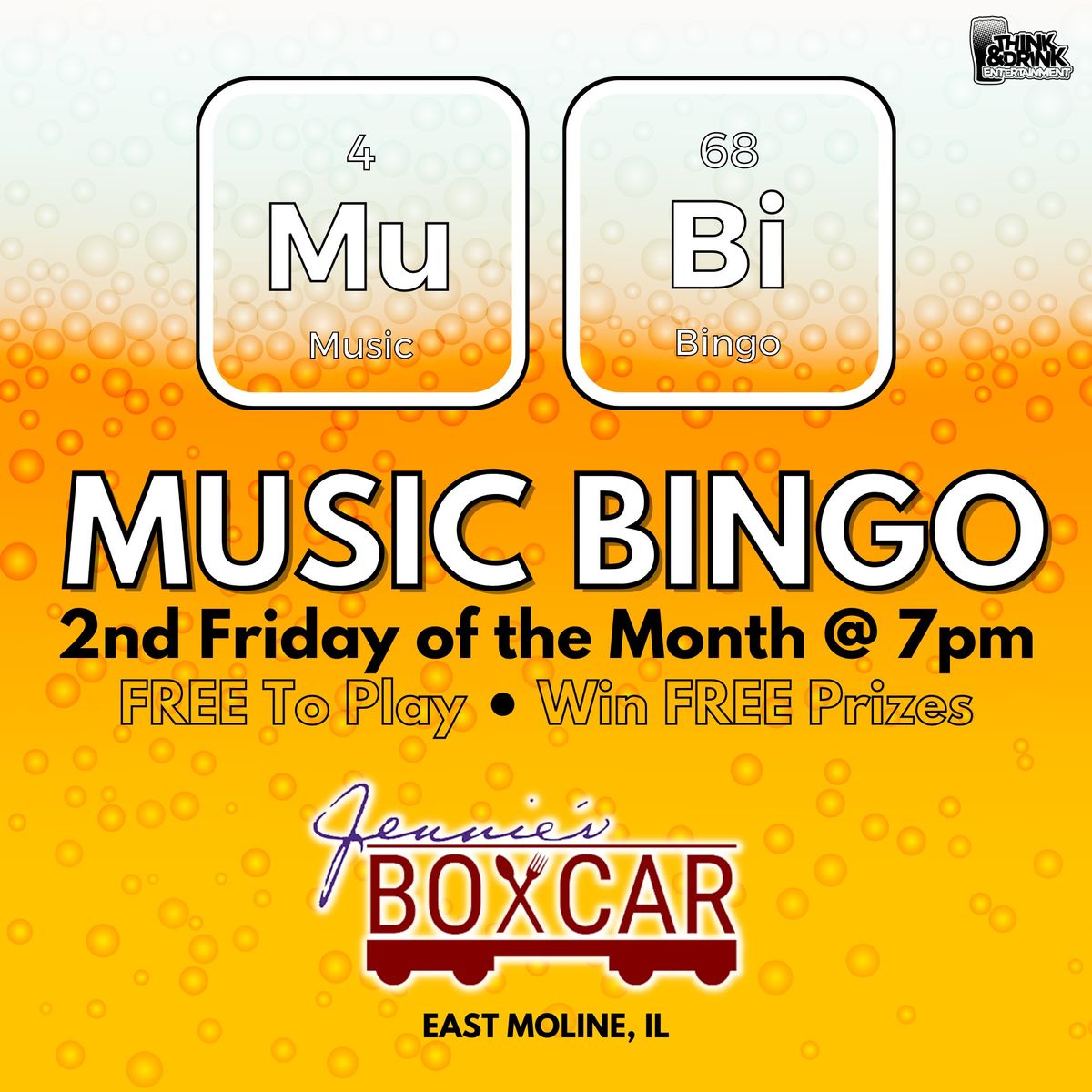 MUSIC BINGO @ Jennie's Boxcar (East Moline, IL) \/ 2nd Friday of the Month @ 7pm