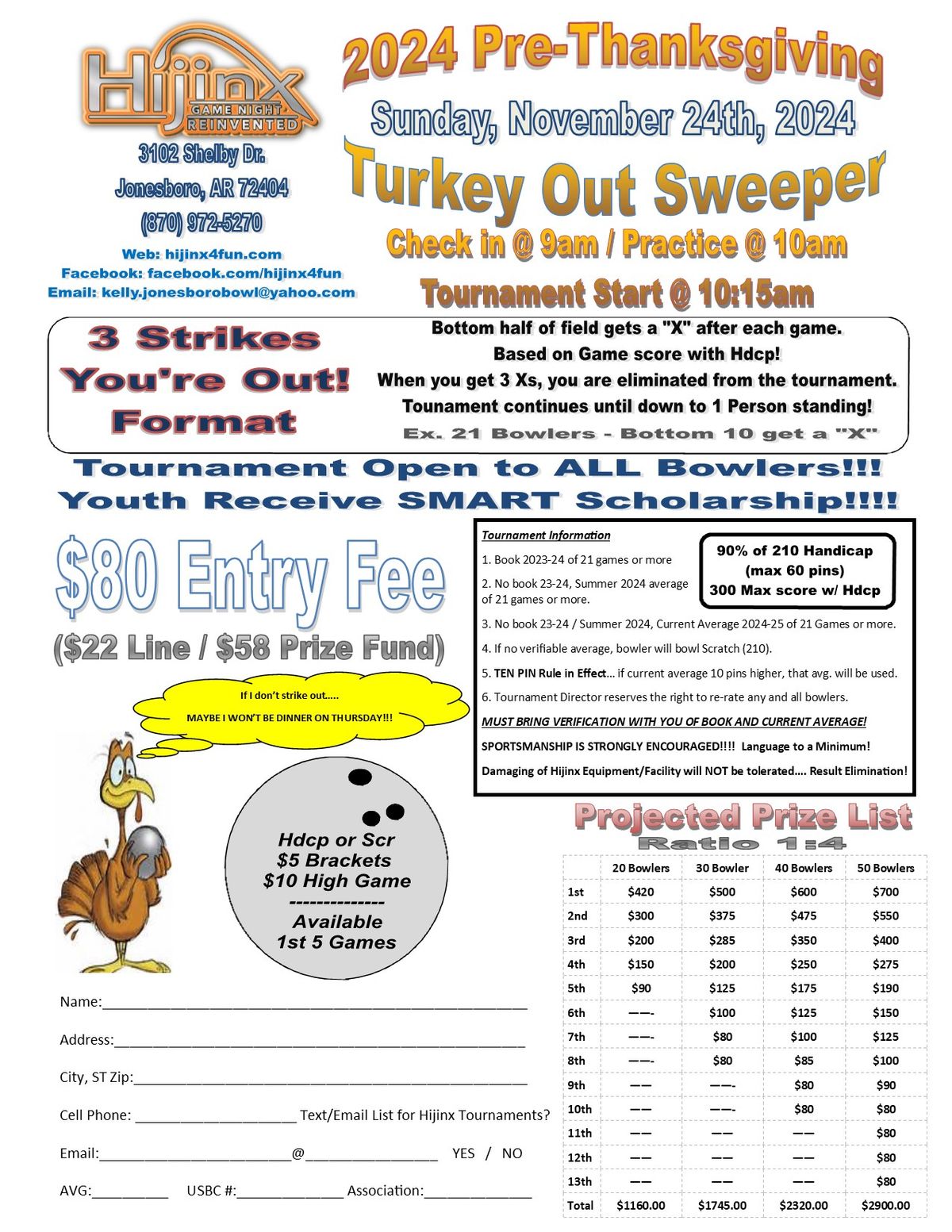 2024 Pre-Thanksgiving Turkey Out Sweeper (3 Strikes Your Out Format)