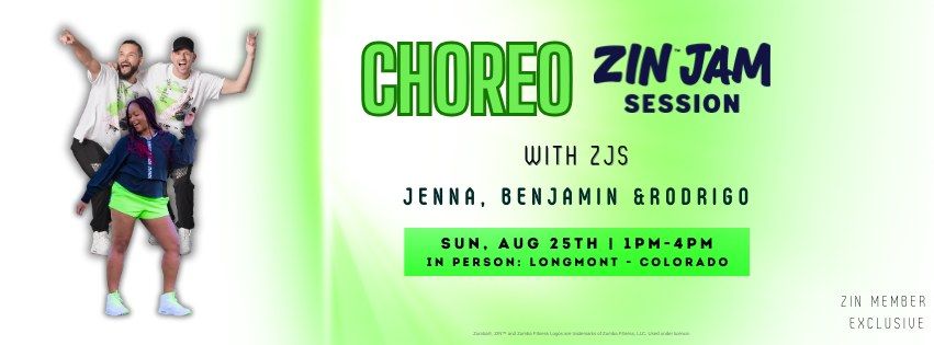 Sun Aug 25th - Choreo  ZIN\u00ad\u00ad\u2122 Jam Session with ZJ's Jenna, Benjamin & Rodrigo - Longmont, CO