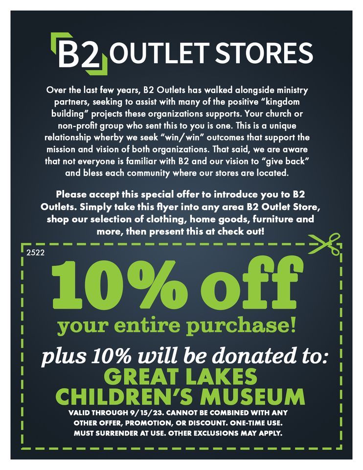 B2 Outlet Store in the Cherryland Center donates to GLCM with YOUR help!
