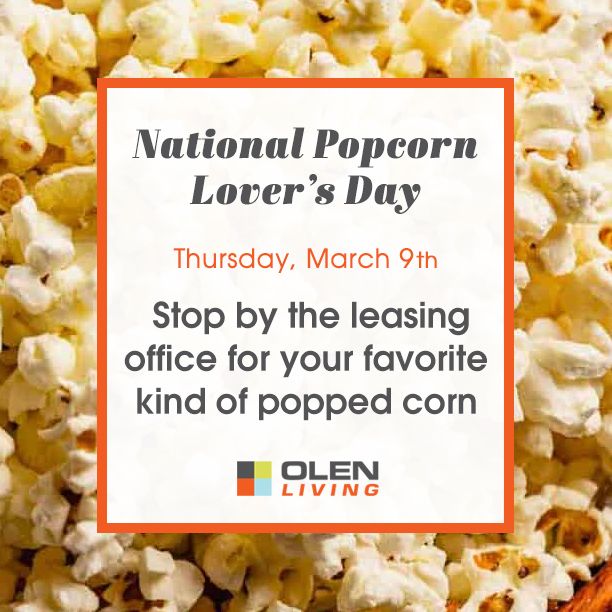 National Popcorn Lovers Day, Mosaic Apartments, Coral Springs, 9 March 2023