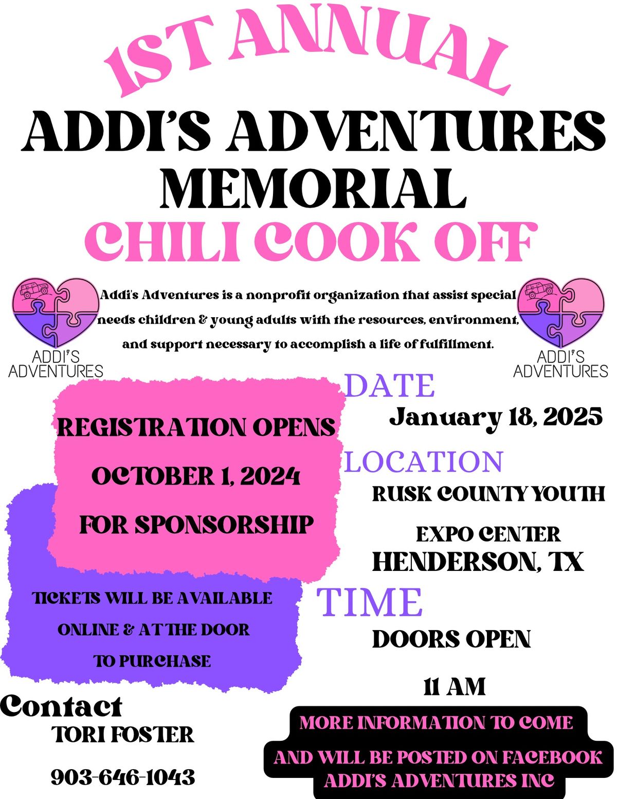 1ST ANNUAL ADDI\u2019S ADVENTURES MEMORIAL CHILI COOK OFF