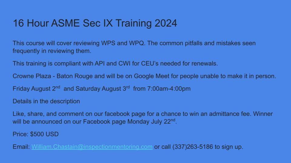 16 Hour ASME Sec IX Training 