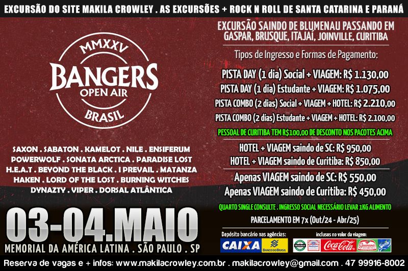 Excurs\u00e3o SC e PR - BANGERS OPEN AIR, 03 e 04\/05\/2025, Memorial da Am\u00e9rica Latina, S\u00e3o Paulo\/SP