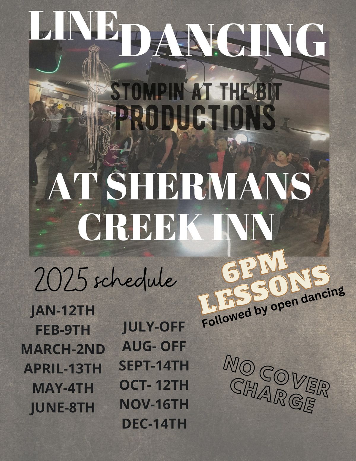 SATB 2\/9\/25 FREE Line Dancing @Shermans Creek Inn with Lesson at 6