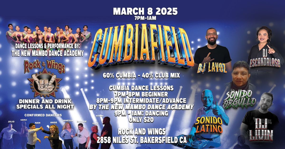 Cumbiafield at Rock & Wings. 60% Cumbia-40% Club Mix. Dance Lessons, Drinks, Lots of Dancing 