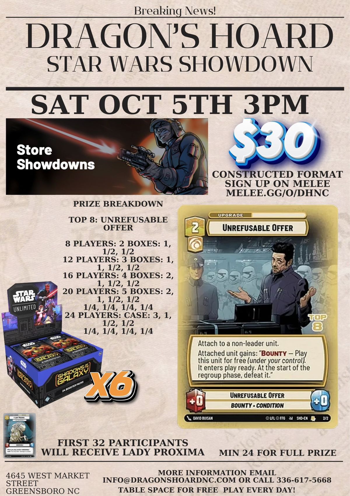 Star Wars Unlimited Shadows of the Galaxy Store Showdown and Case Tournament Saturday October 5th 