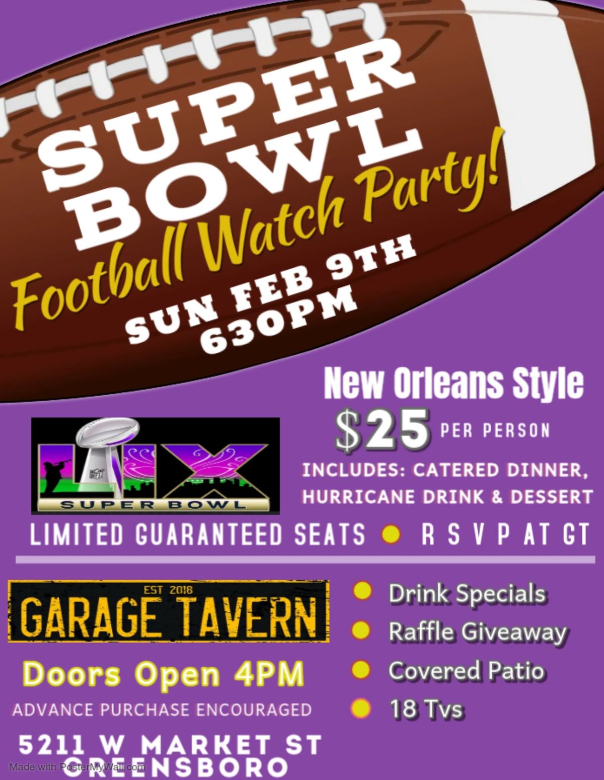 SUPER BOWL Party at Garage Tavern 