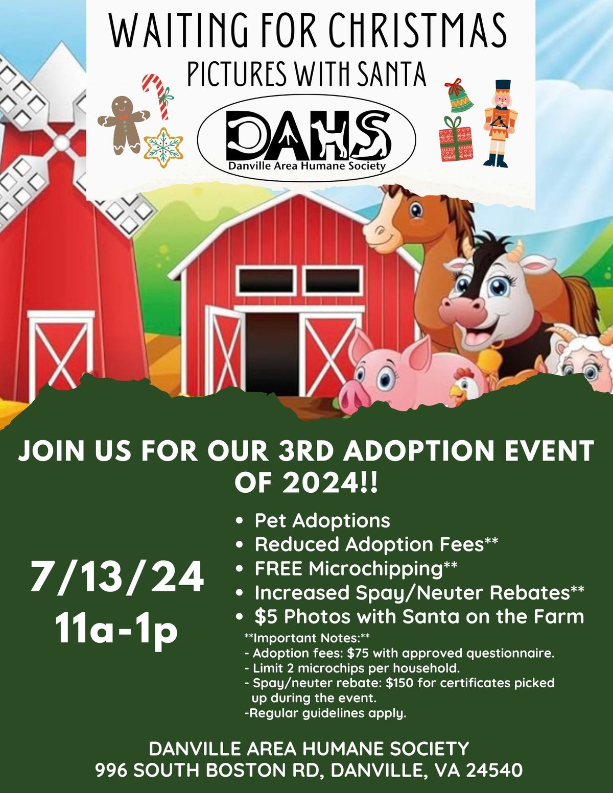 3rd Adoption Event of 2024! Barnyard Pictures with Santa
