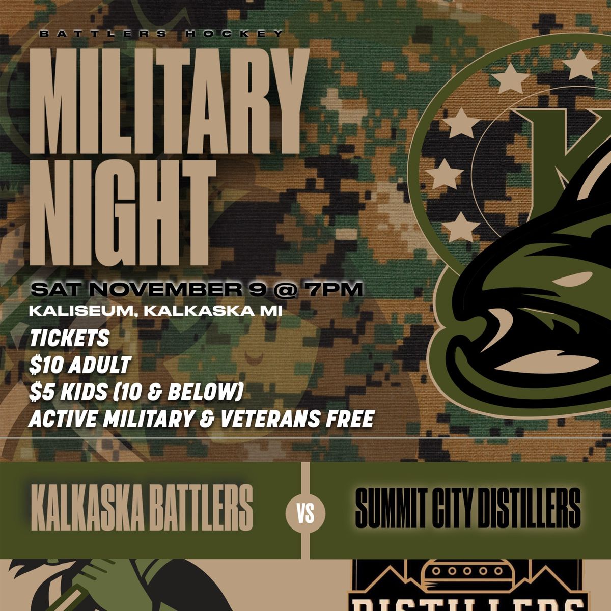 Military Appreciation Night-Kalkaska Battlers vs Summit City Distillers