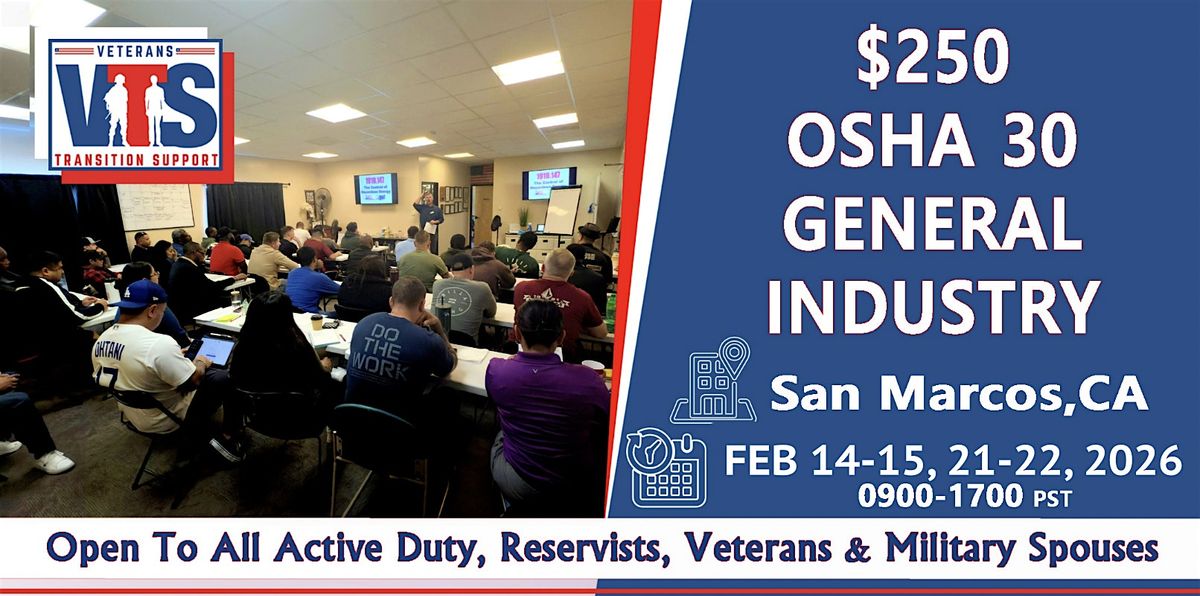 $250 OSHA 30 Hr.  General  Safety Live Instruction 02\/14-15 & 21-22 2026
