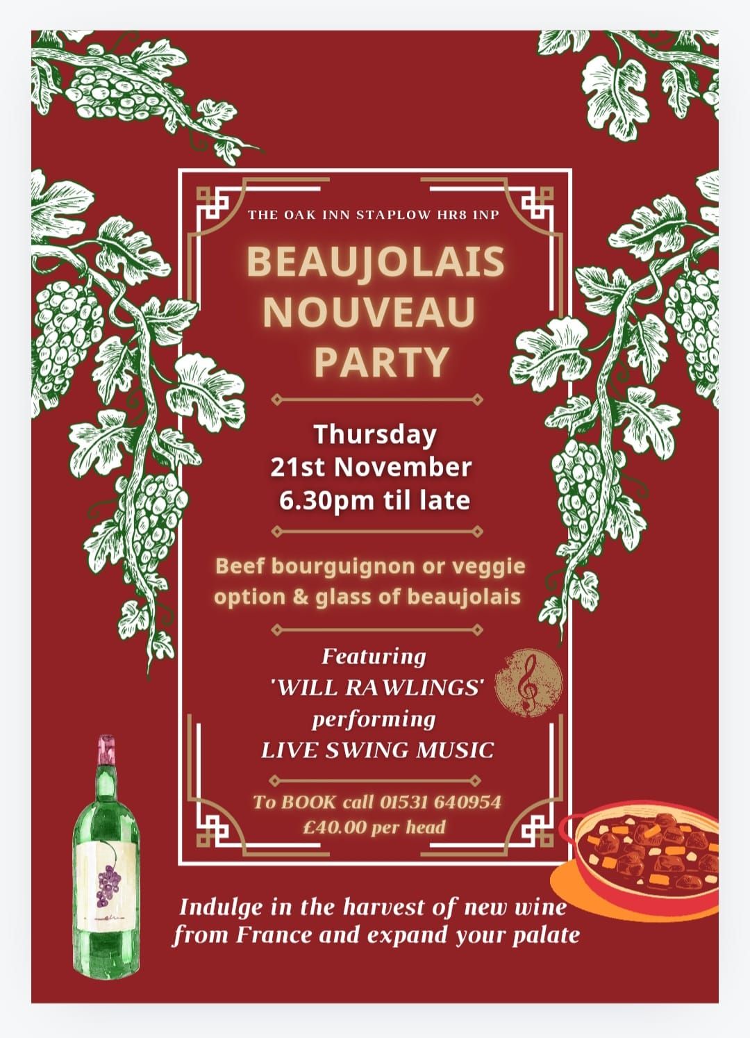 BEAUJOLAIS NOUVEAU DAY PARTY - LIVE MUSIC on Thu 21st Nov at 6.30pm