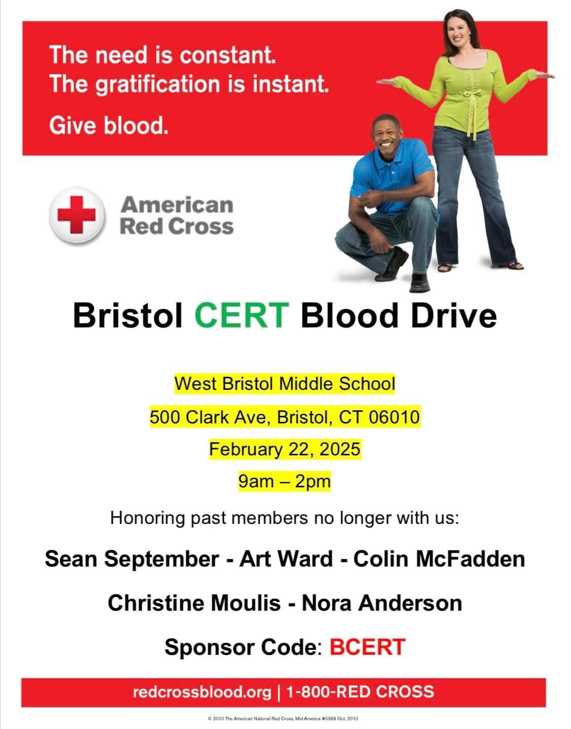 Bristol CERT Blood Drive - West Bristol School - 500 Clark Ave, Bristol, CT 06010