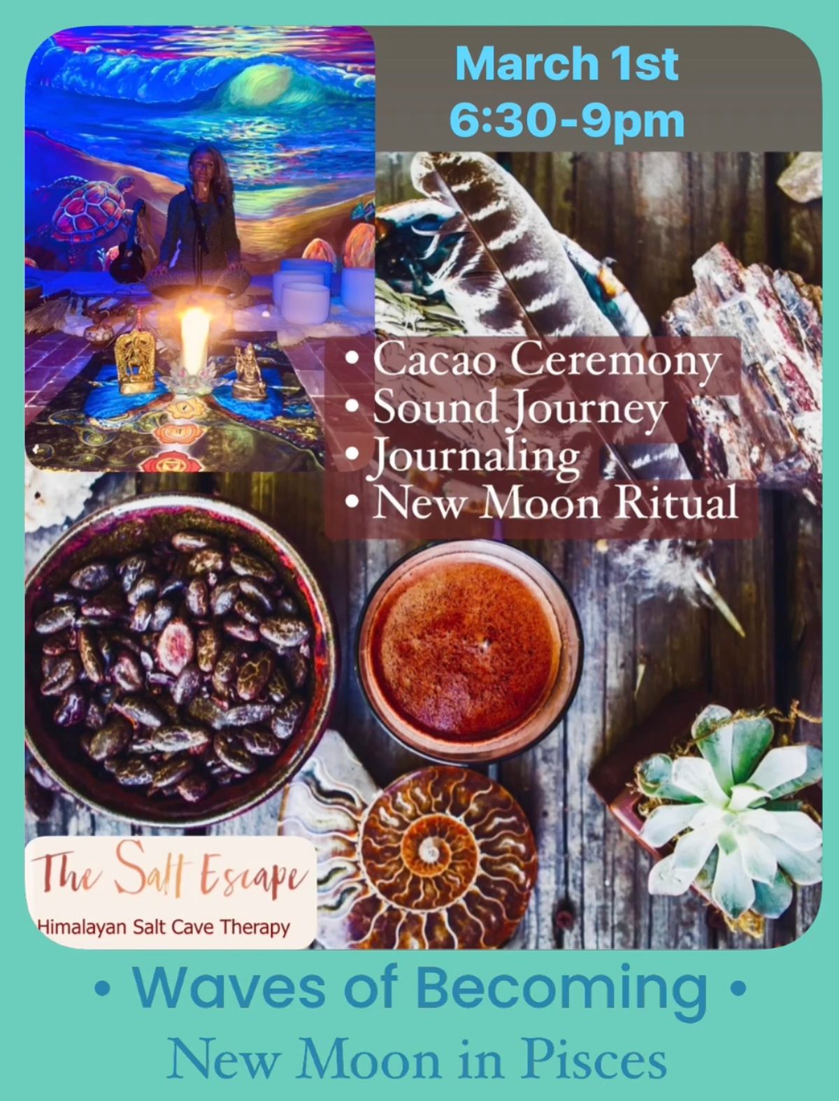 \u2022\u2022 \u2af7 Waves of Becoming \u2af8 \u2022\u2022 New Moon Cacao Ceremony \u2022\u2022 Journaling \u2022\u2022 Sound Journey \u2022\u2022  