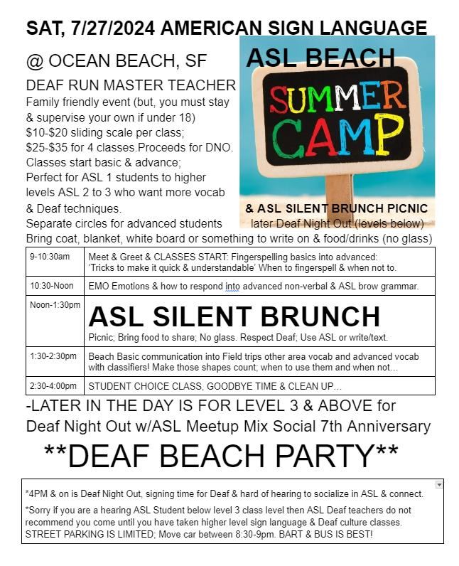 ASL SUMMER CAMP & SILENT BRUNCH picnic COME LEARN & Socialize