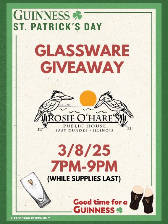 Guinness night at Rosie O\u2019Hare\u2019s, Sat.,3\/8\/25, 7-9pm. Glass giveaway and samplings! 