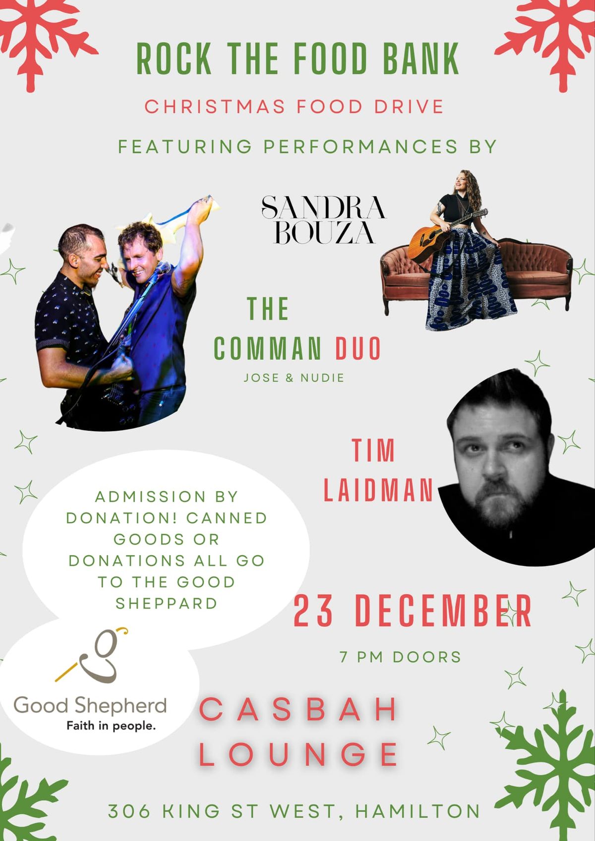 "ROCK THE FOOD BANK" feat. SANDRA BOUZA (Jazz-Blues, 905), The Comman Duo, Tim Laidman \/\/ DEC 23