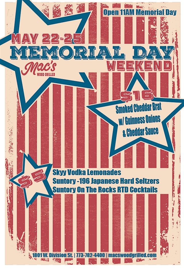 Memorial Day Weekend at Mac\u2019s Wood Grilled