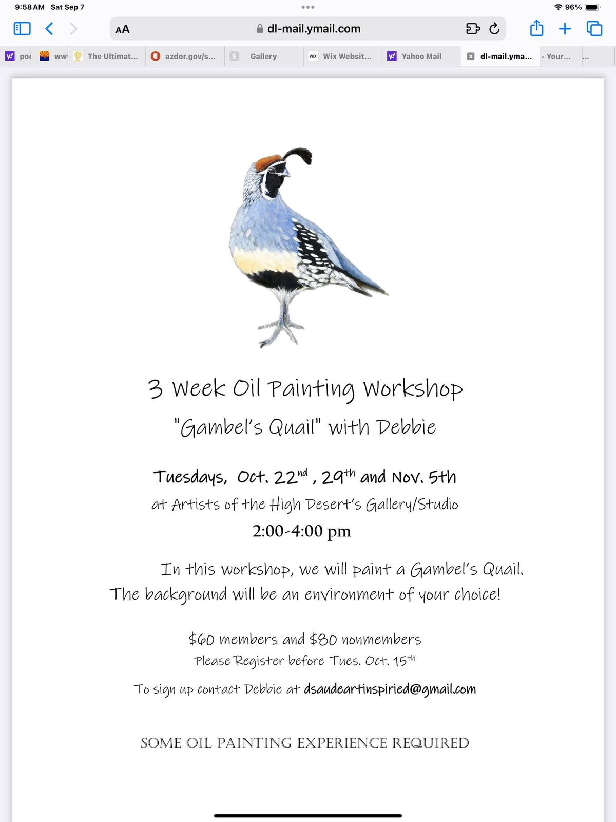 3-Week Oil \u201cQuail\u201d Painting Workshop 