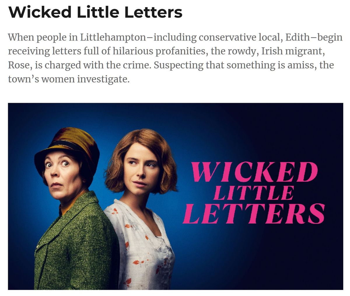 Next Film showing "Wicked Little Letters"