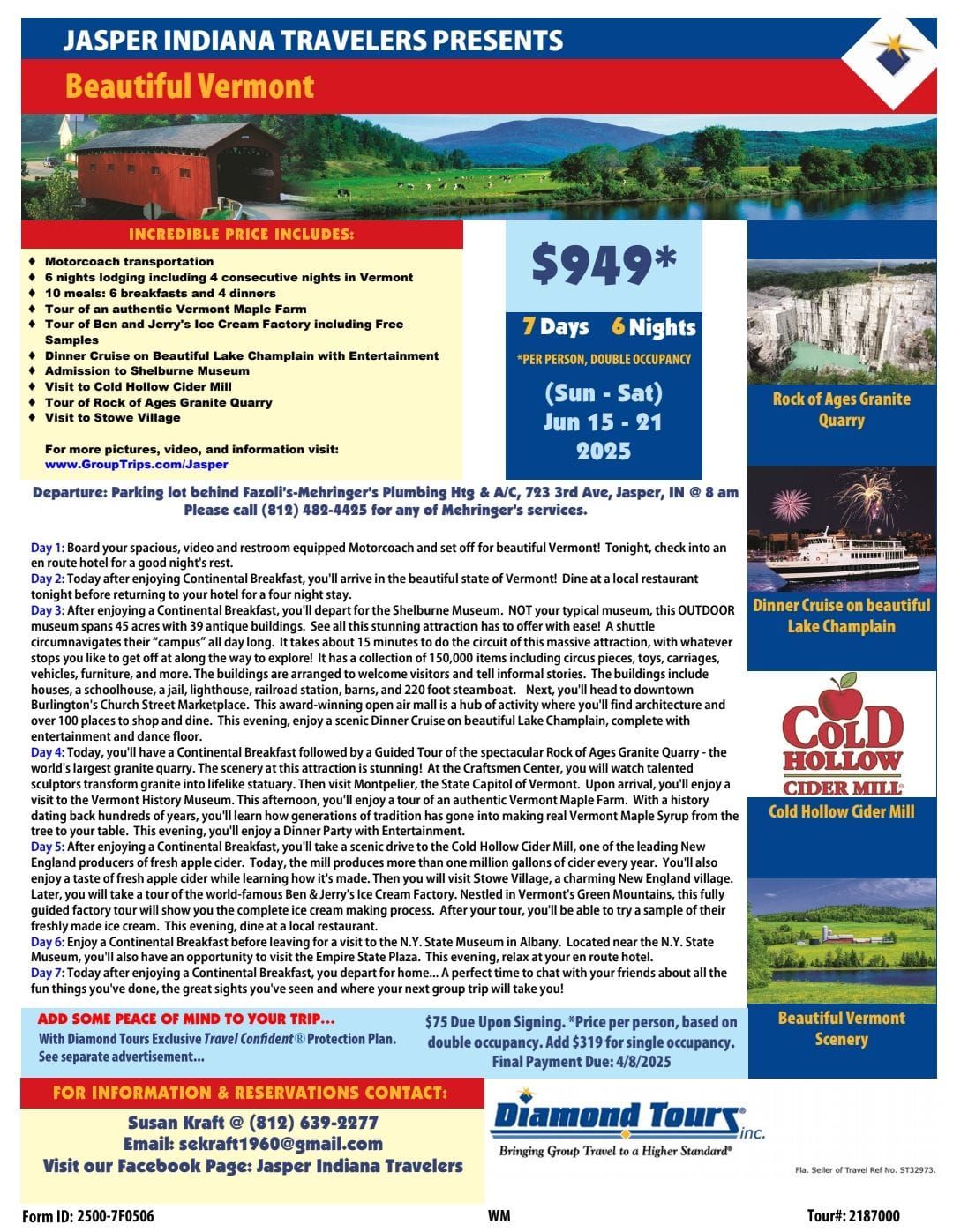 Beautiful Vermont Diamond Tours bus trip leaving from Jasper, IN June 15-21, 2025