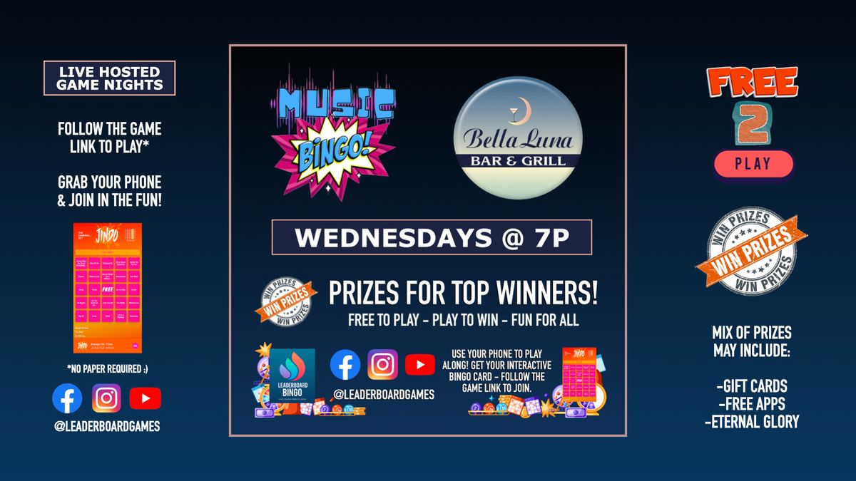 Music BINGO  | Bella Luna Bar & Grill - North Providence RI - WED 7p @LeaderBoardGames