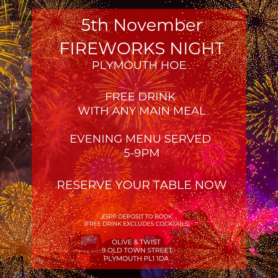 Fireworks Night on Plymouth Hoe FREE drink offer with any main meal