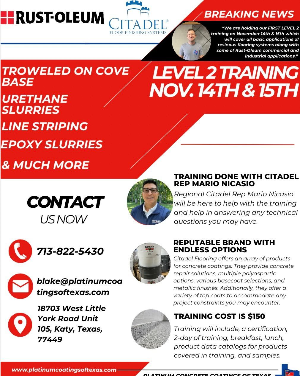 Level 2 Training: Trowelled-on Cove Base, Urethane & Epoxy Slurries, Line Striping & More!