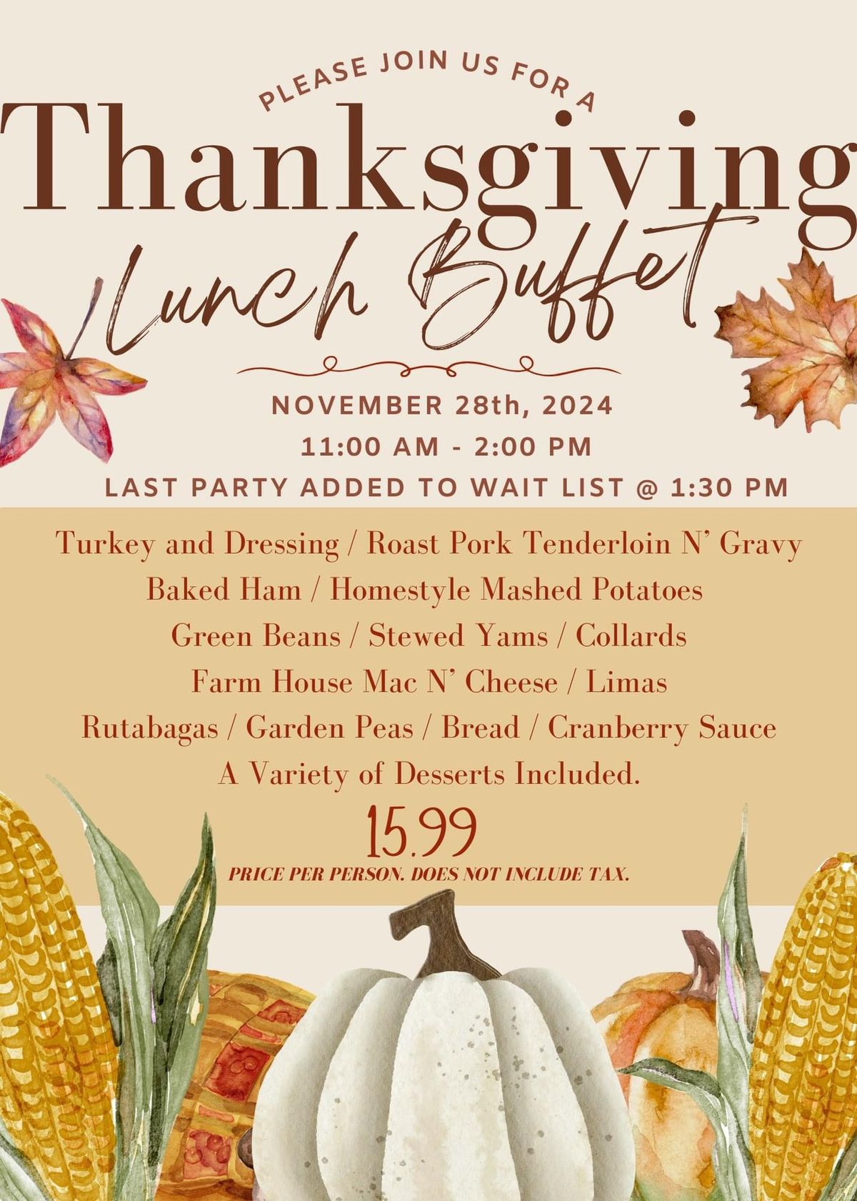 Thanksgiving Lunch Buffet at The Farm House