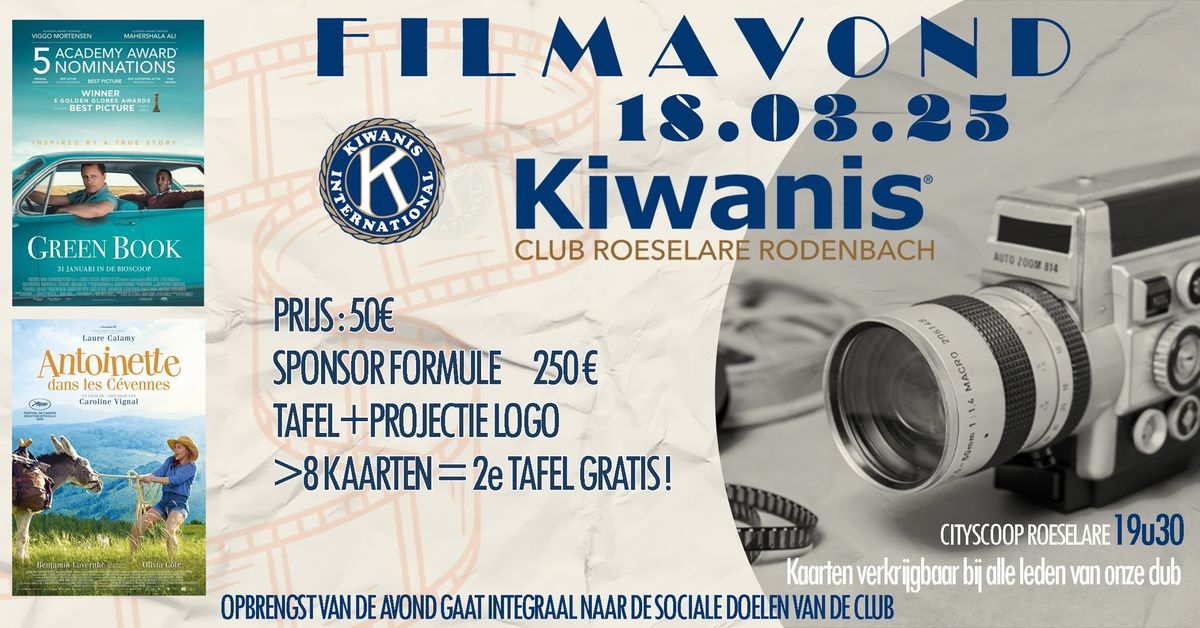 Filmavond Kiwanis Roeselare Rodenbach op 18 maart 2025 om 19.30h in Cityscoop Roeselare