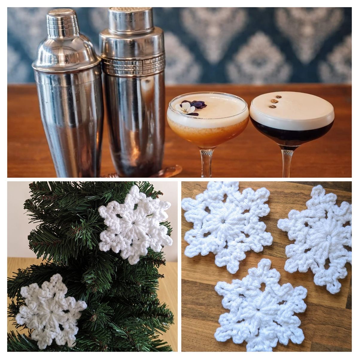 beginners crochet snowflake workshop with cocktails 