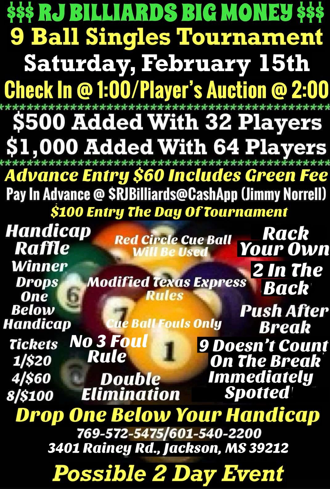 RJ Billiards Big Money 9 Ball Singles Tournament 