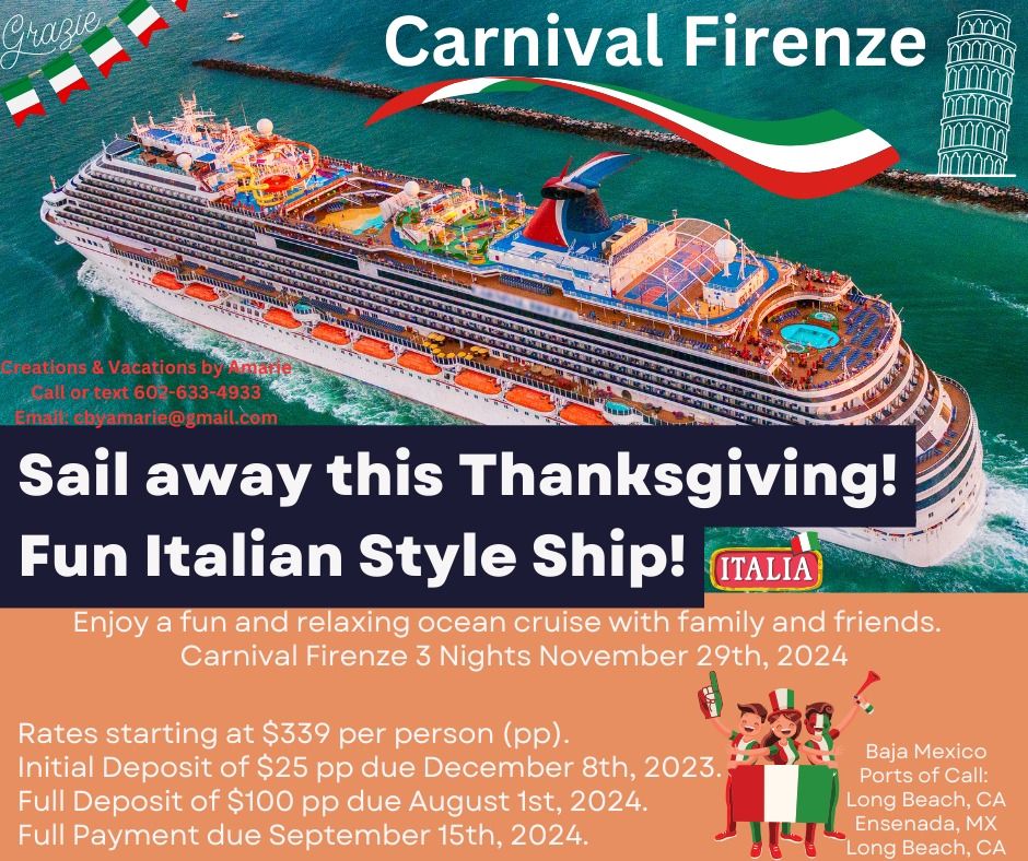 Carnival Firenze November 29th, 2024 Thanksgiving Weekend