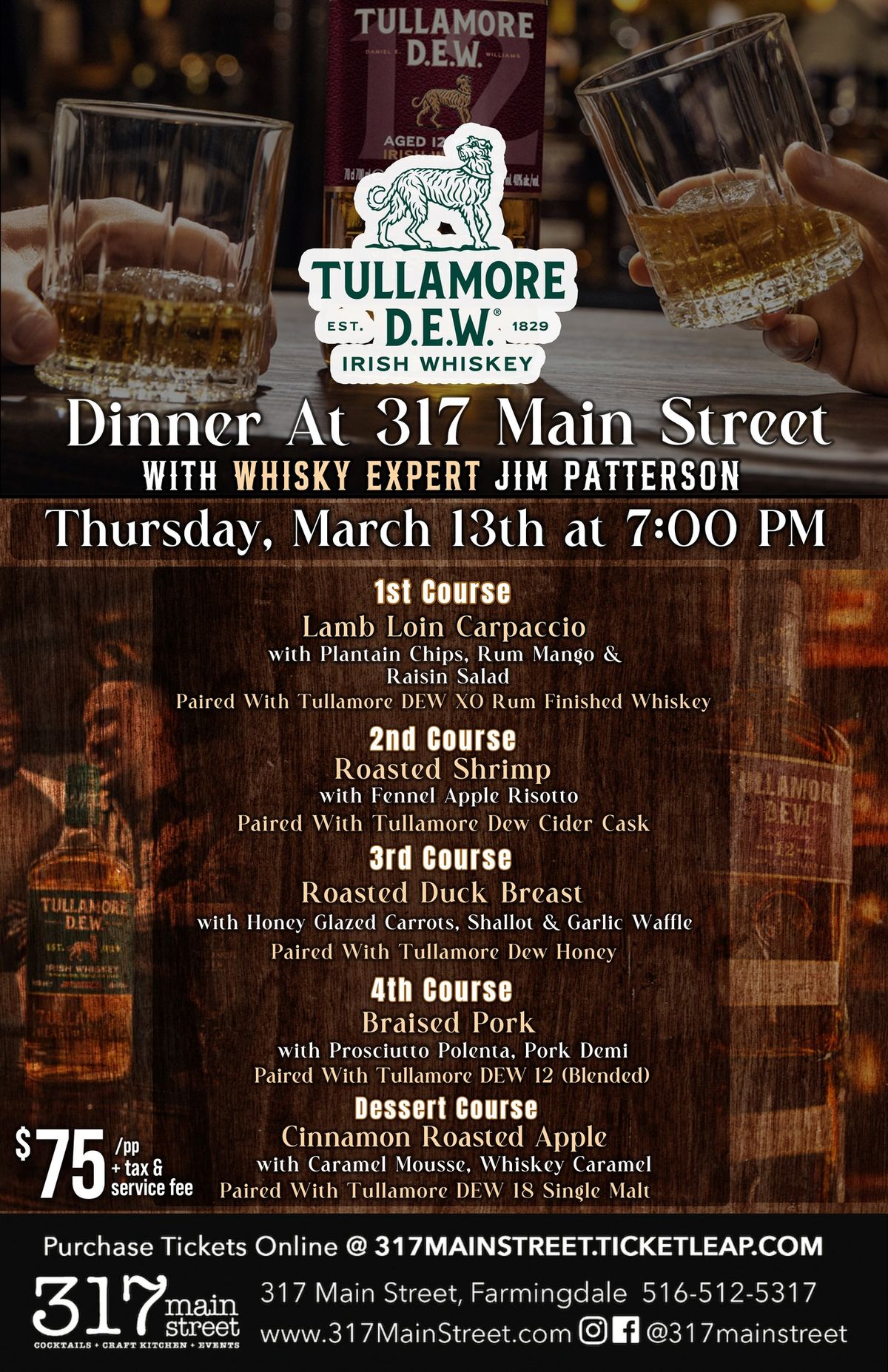 Tullamore Dew Whiskey Dinner at 317 Main Street