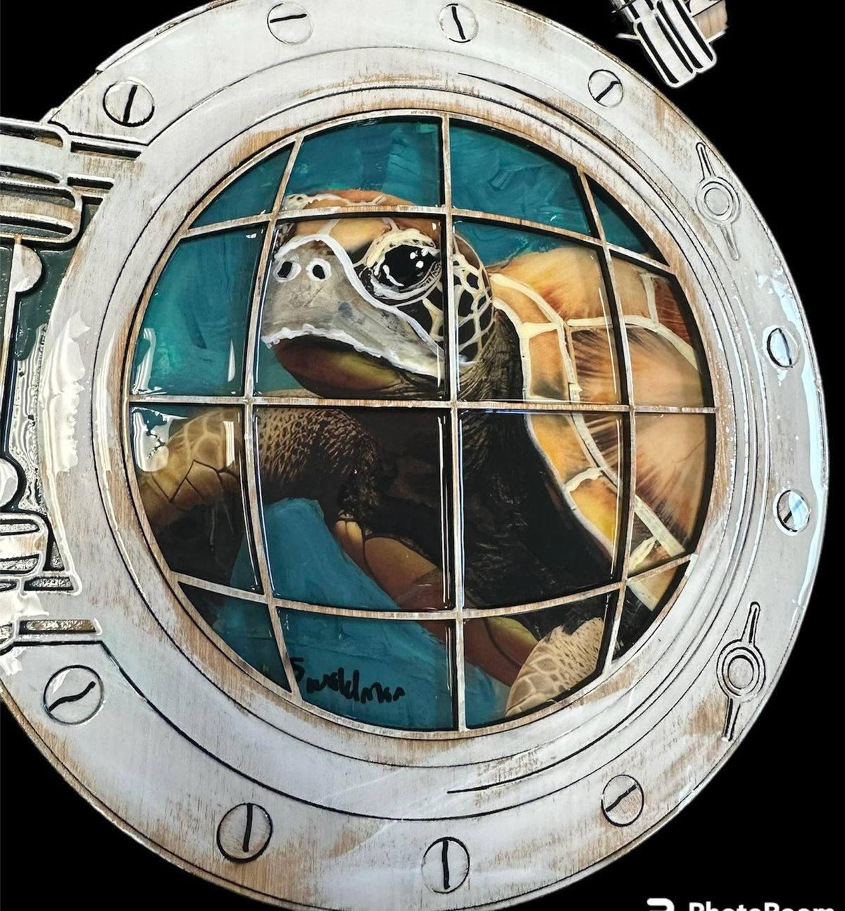 12" Wood Resin Sea Turtle Porthole