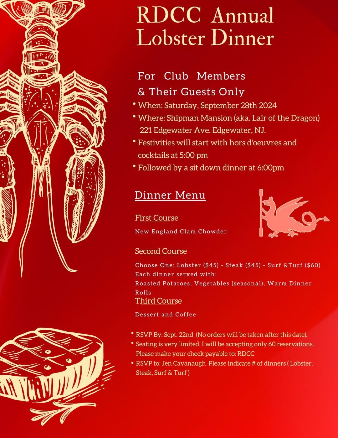 RSVP CLOSED! RDCC Annual Lobster Dinner for Members & Their Invited Guests